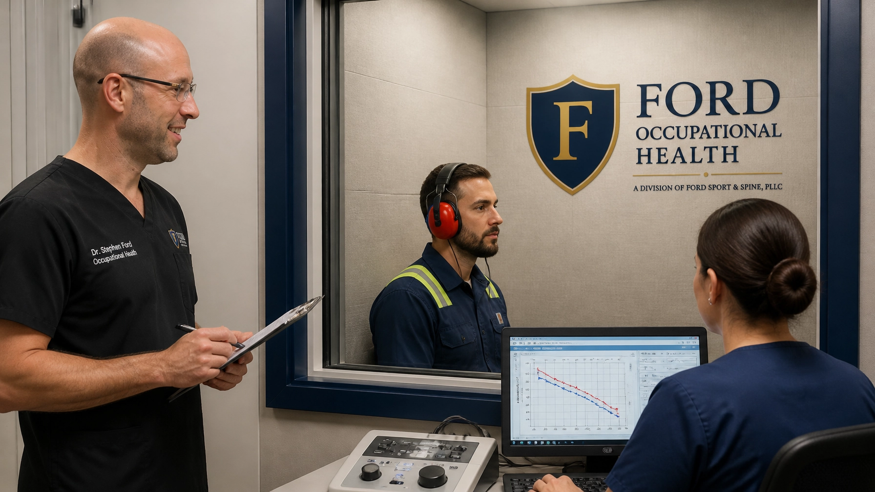 Employee completing occupational hearing testing