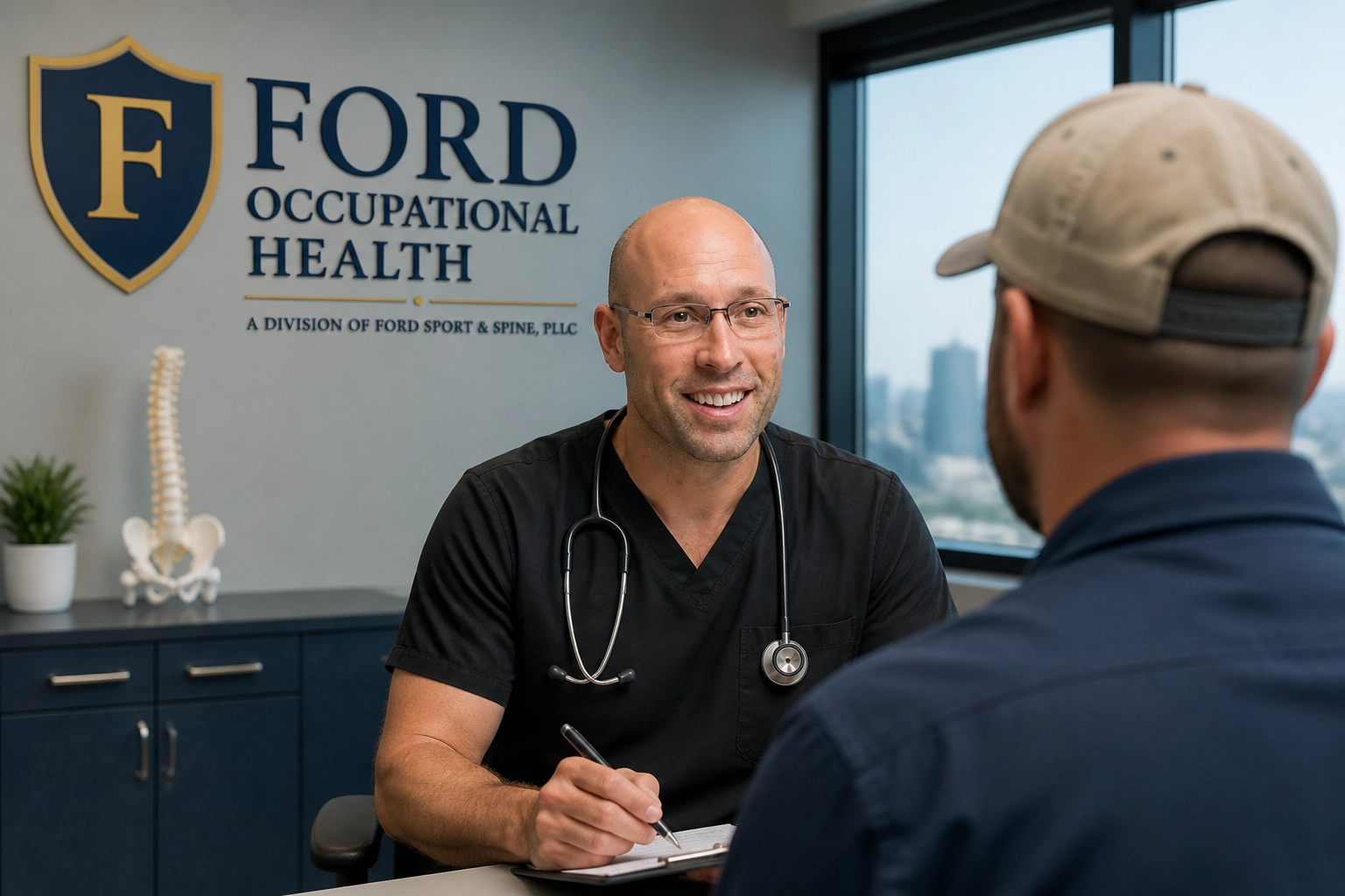 Dr. Stephen Ford consulting with an occupational health patient