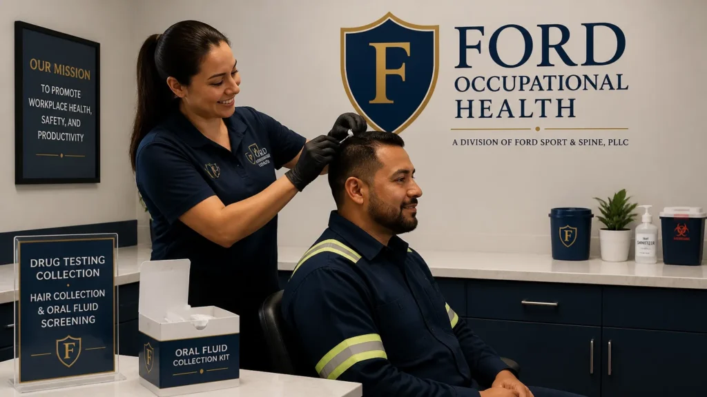 Occupational health professional performing employee drug testing at Ford Occupational Health